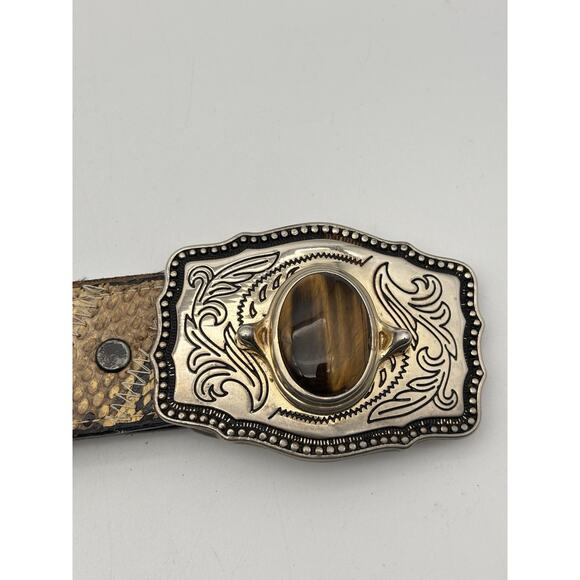 VTG Snakeskin Belt Mens Brown Hand Tooled Tiger Eye Western Buckle Fits 32” main image 5